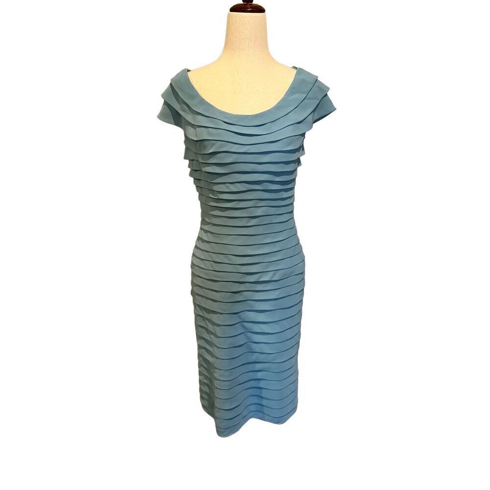 Andre’ Oliver dress women’s 6 blue bodycon pleated fitted scoop neck midi